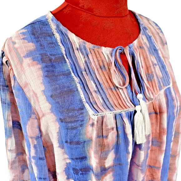 Zac & Rachel Woman Sz 2X Pink & Blue Peasant Top Boho Blouse 3/4 Sleeve Tassels - Picture 7 of 10
